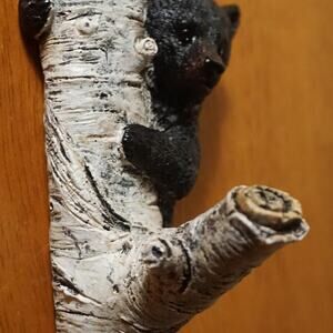 Black Bear Cub Hook Figurine Climbing Birch Tree Rustic Lodge Cabin Home Decor